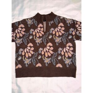 Current Air Brown Floral Knit Sweater Large 1/4 Zip Boho Retro Anthropologie